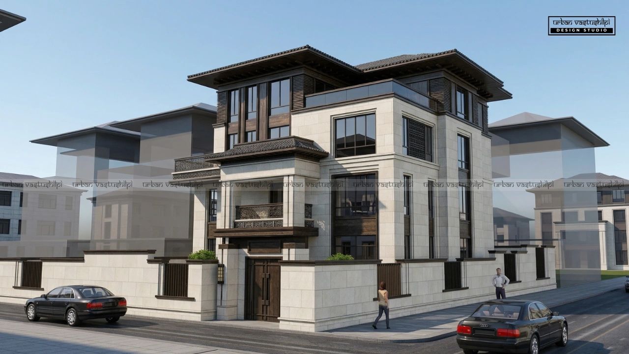 Modern multi-story house with beige stone walls and dark wood accents on a quiet street.