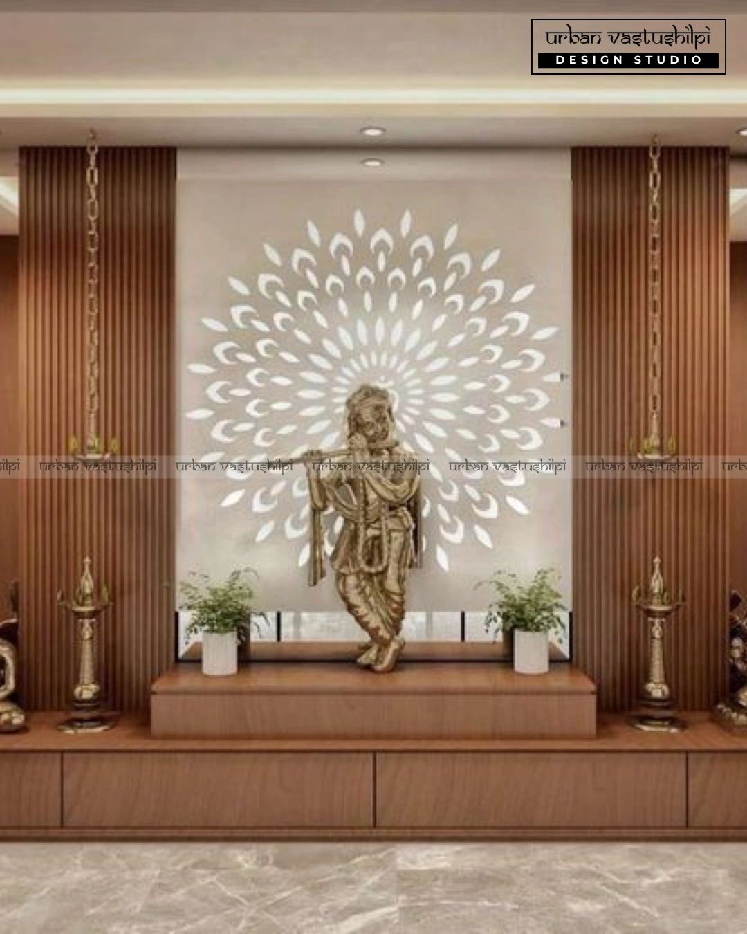 Elegant Krishna statue with artistic backdrop in a modern setting.