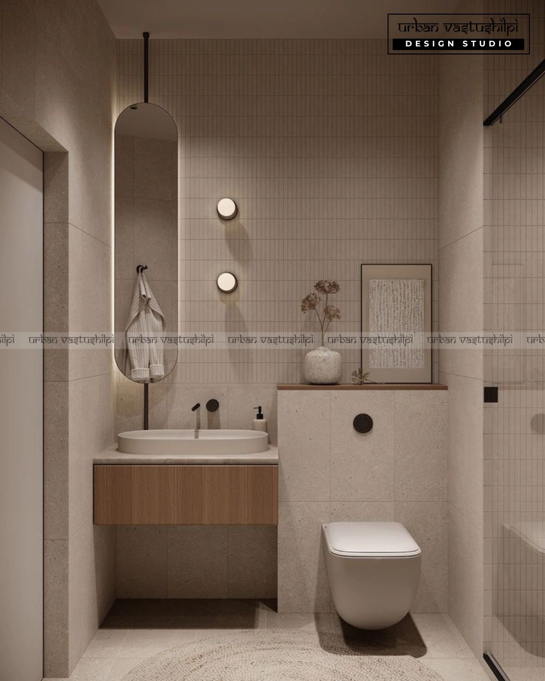 Minimalist bathroom with neutral tones and modern fixtures.