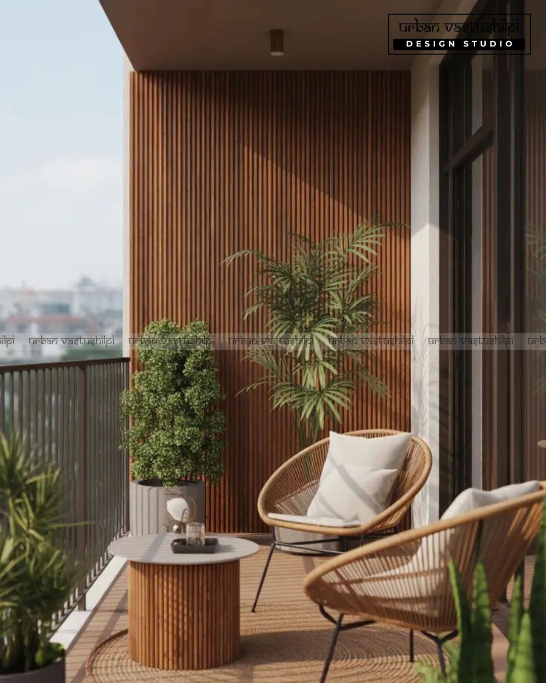 Cozy balcony seating with wooden accents and lush green plants.