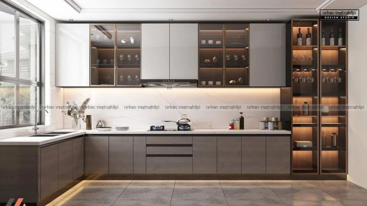 Modern L-shaped kitchen with wood and glass cabinets.