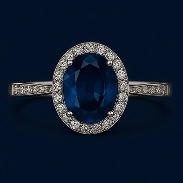 ANEL DE OURO BRANCO E DIAMANTES E UMA SAFIRA AZUL COMO PEDRA CENTRAL E O NOME DA EMPRESA EM CIMA.