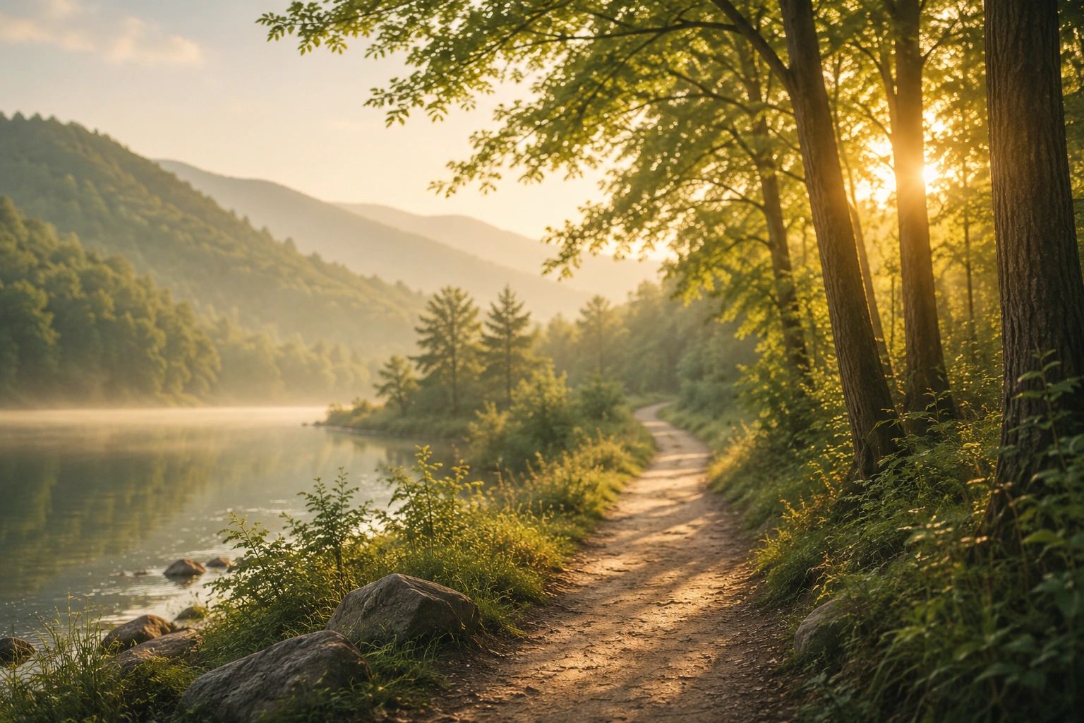 A sunlit forest path beside a calm lake.