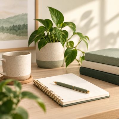 Notebook, pen, and plant on a wooden desk.