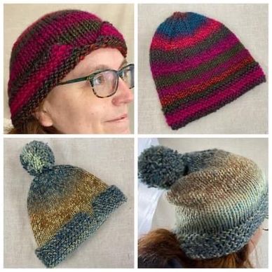 Two distinct handmade knitted hats, one striped and one with a pom-pom.