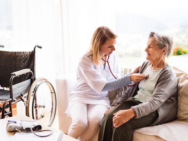 Health visitor and elderly woman during home visit.
