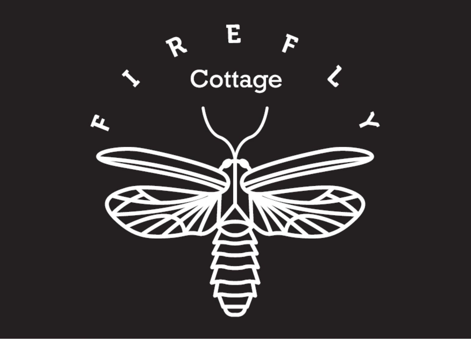 Minimalist moth logo with the words 'Firefly Cottage' in white on black.