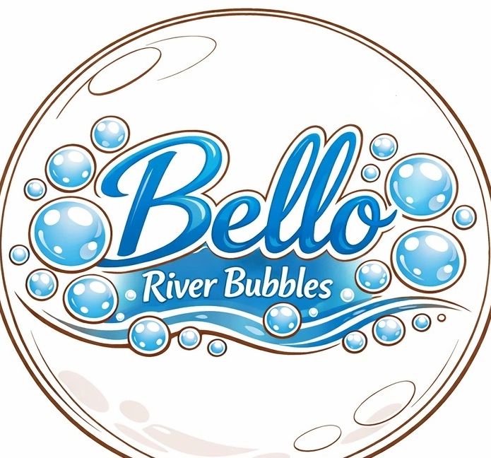 Logo for Bello River Bubbles with blue bubbles and text inside a transparent bubble.