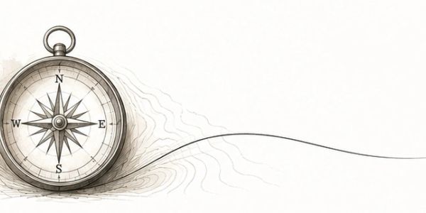 A compass with a flowing line and contour map style background.
