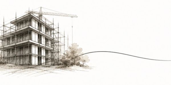 Architectural sketch of a building under construction.