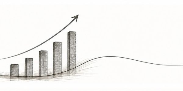 Hand-drawn upward bar graph with an arrow.