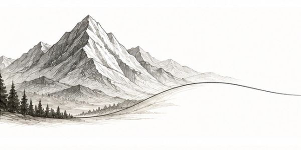 Black and white sketch of a mountain landscape.