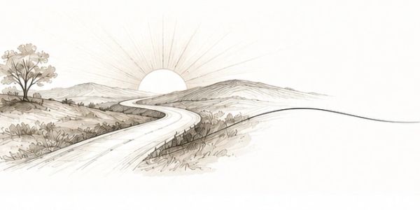 Monochrome landscape drawing with sunrise and winding road.
