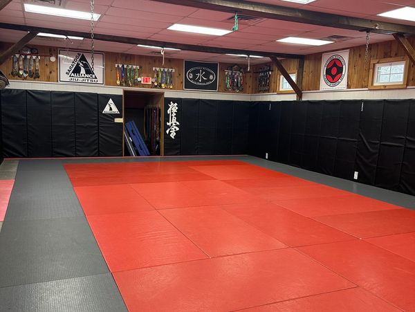 Martial arts dojo with red and black mats and banners on wooden walls.