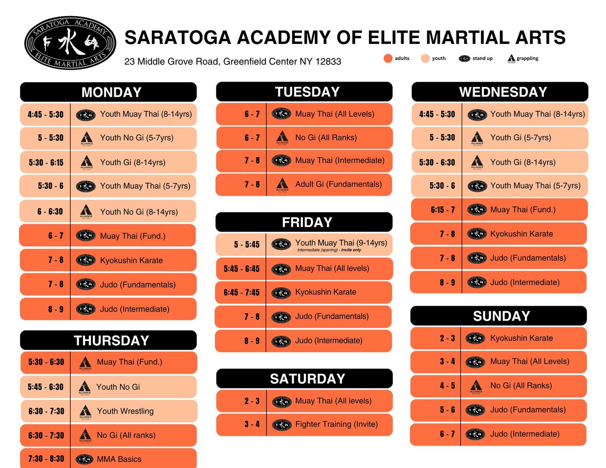 Weekly martial arts schedule at Saratoga Academy, featuring youth and adult classes in Muay Thai, Judo, Karate, No Gi, and MMA.