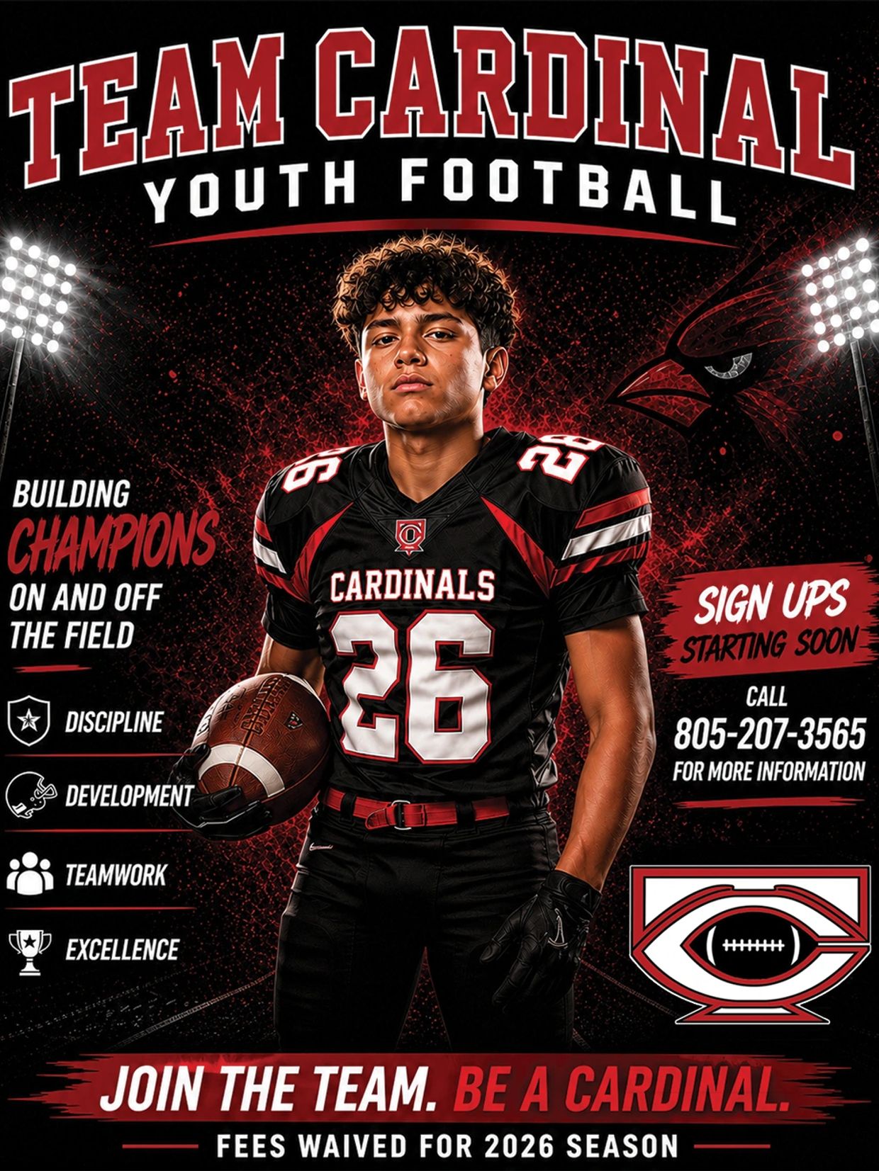 Youth football sign-ups for Team Cardinal with fees waived for 2026 season.