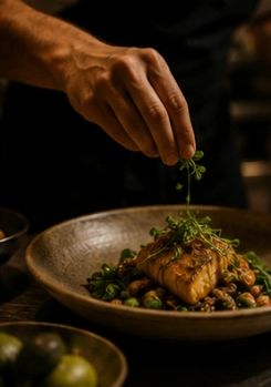 Chef garnishing a plated fish dish with herbs in a warm, dimly lit setting.