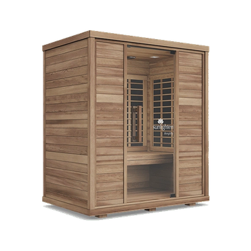 A wooden infrared sauna with a glass door.