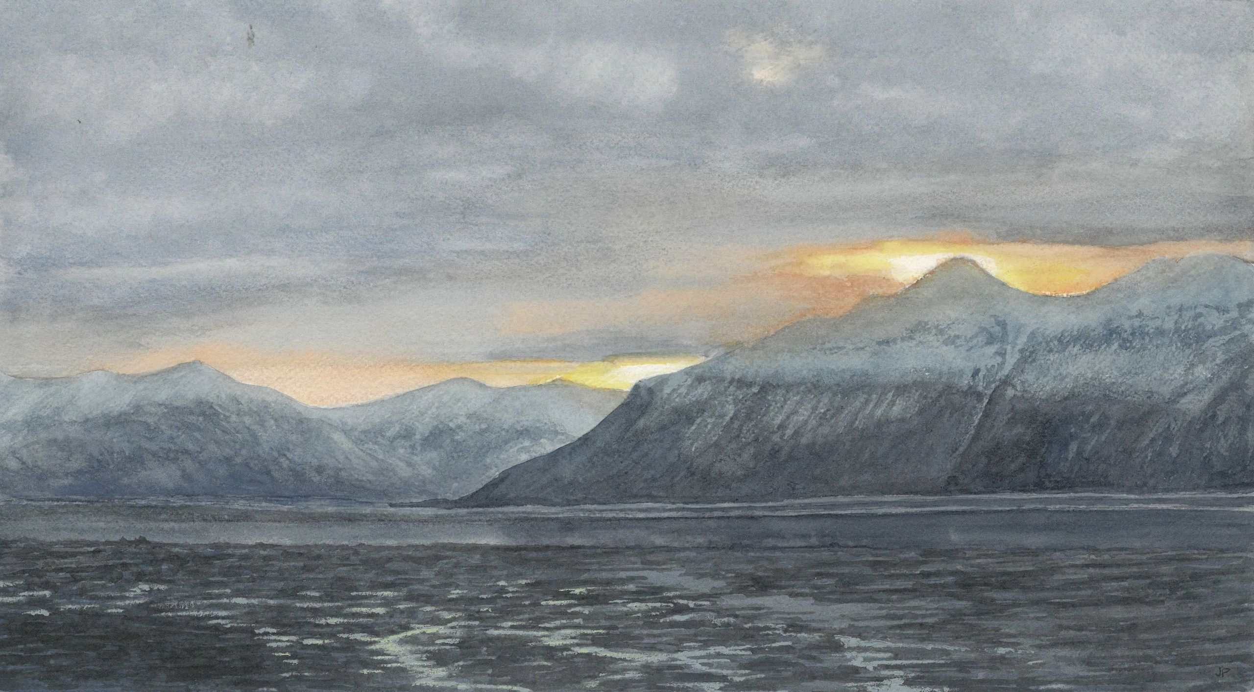 Watercolor painting of a mountain range at sunset with a cloudy sky.