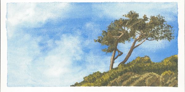 Watercolor painting of a tree on a hill under a blue sky.