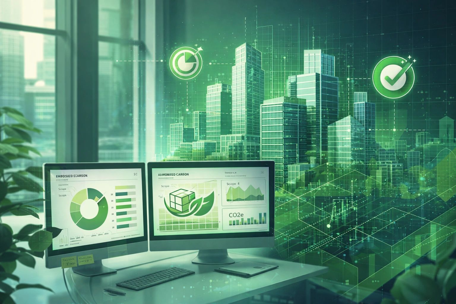 Office with dual monitors displaying green sustainability data and cityscape graphics.