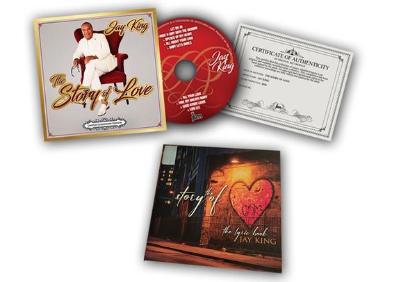 Music album package with CD, certificate, and lyric book titled 'The Story of Love' by Jay King.