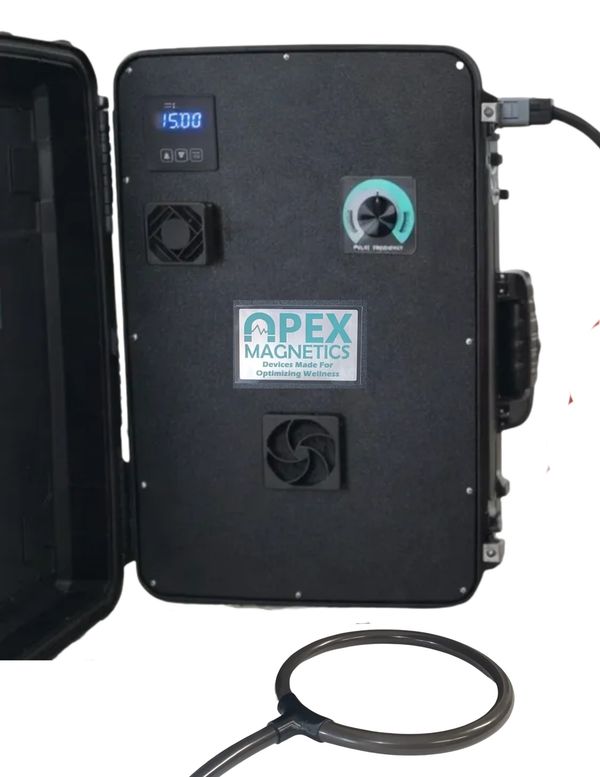 Aura 9000 PEMF device, open, front view, display on, 32,000 Gauss, manufactured by Apex Magnetics.