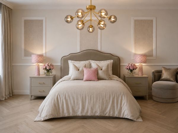 Elegant bedroom with neutral tones, pink accents, and modern lighting.
