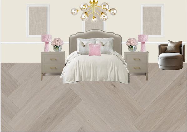 Elegant bedroom with neutral tones, pink accents, and modern lighting.