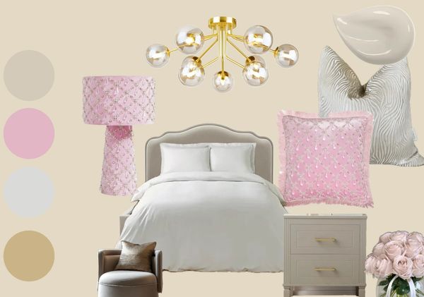 Elegant bedroom set with soft pink accents and modern lighting.