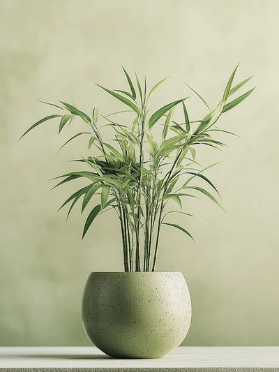A young bamboo potted plant with a light green wall background.