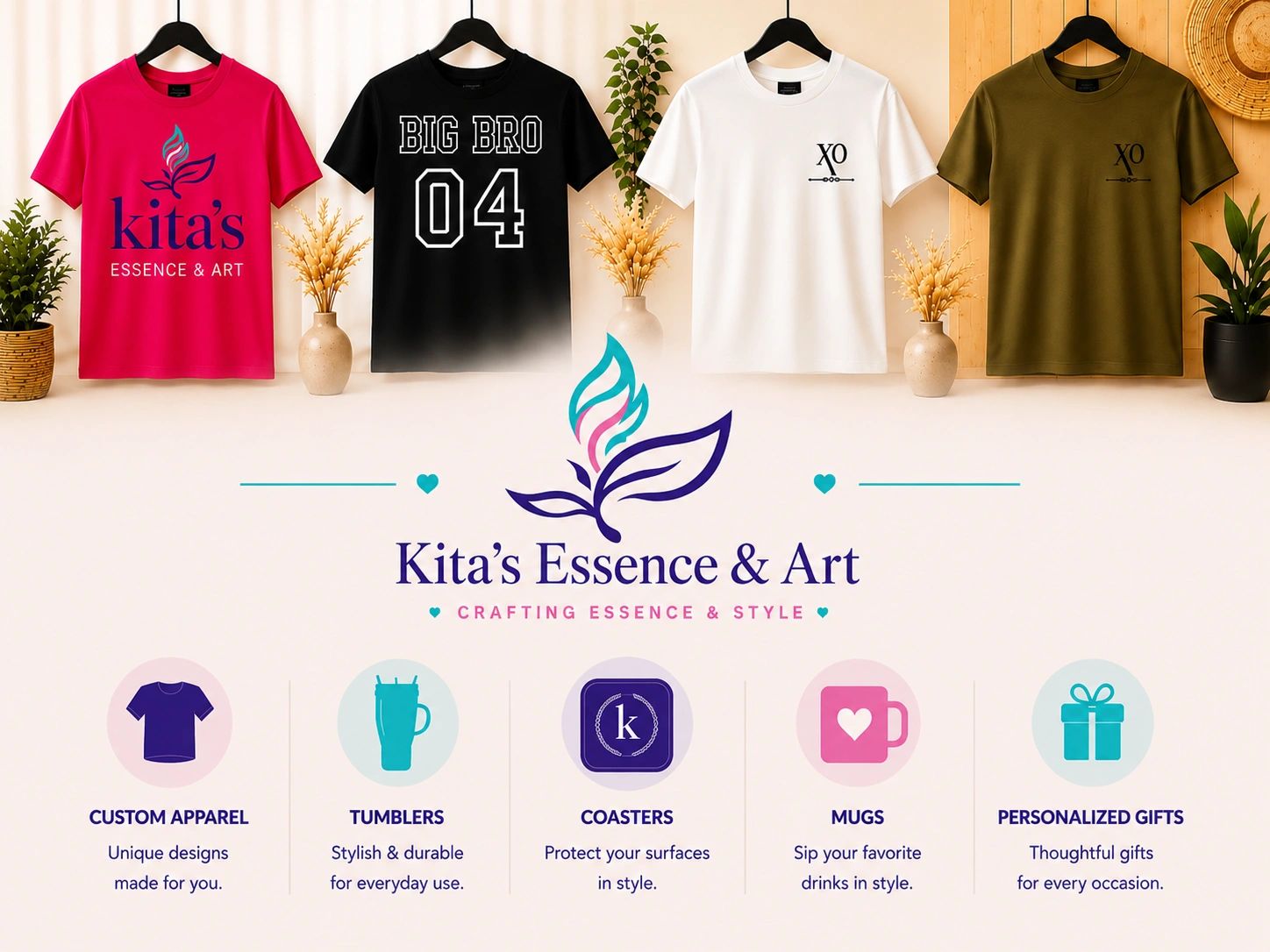 Four stylish t-shirts displayed above Kitas Essence &amp; Art logo and product categories.