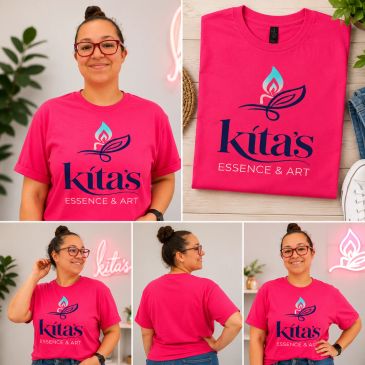 Woman modeling a pink Kita's Essence & Art t-shirt.