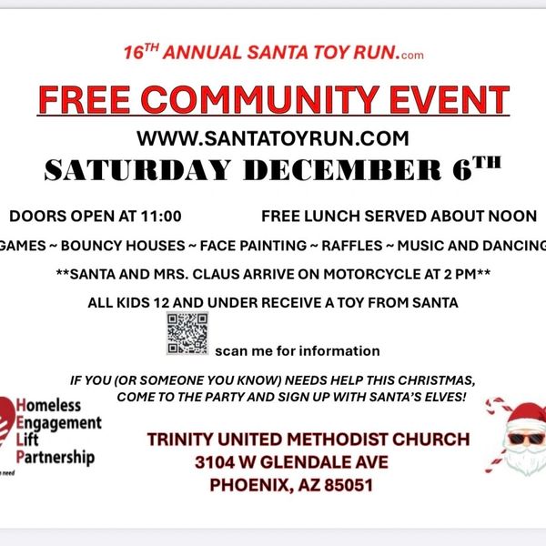 Community event with free lunch, games, and Santa visits on December 6th in Phoenix.
