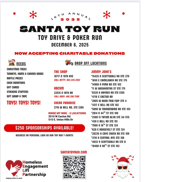 2025 Santa Toy Run poster for toy drive and poker run with donation info and drop-off locations.