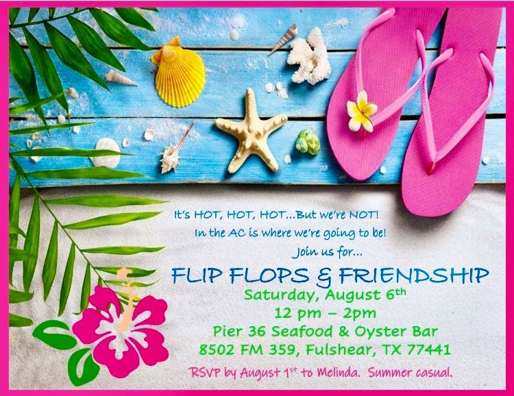 Invitation for a Flip Flops &amp; Friendship event with tropical decor and pink flip flops.