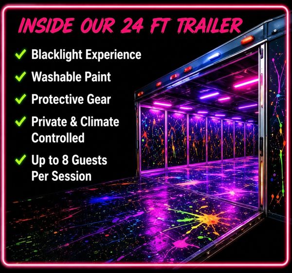 24 ft trailer with blacklight and washable paint for up to 8 guests.