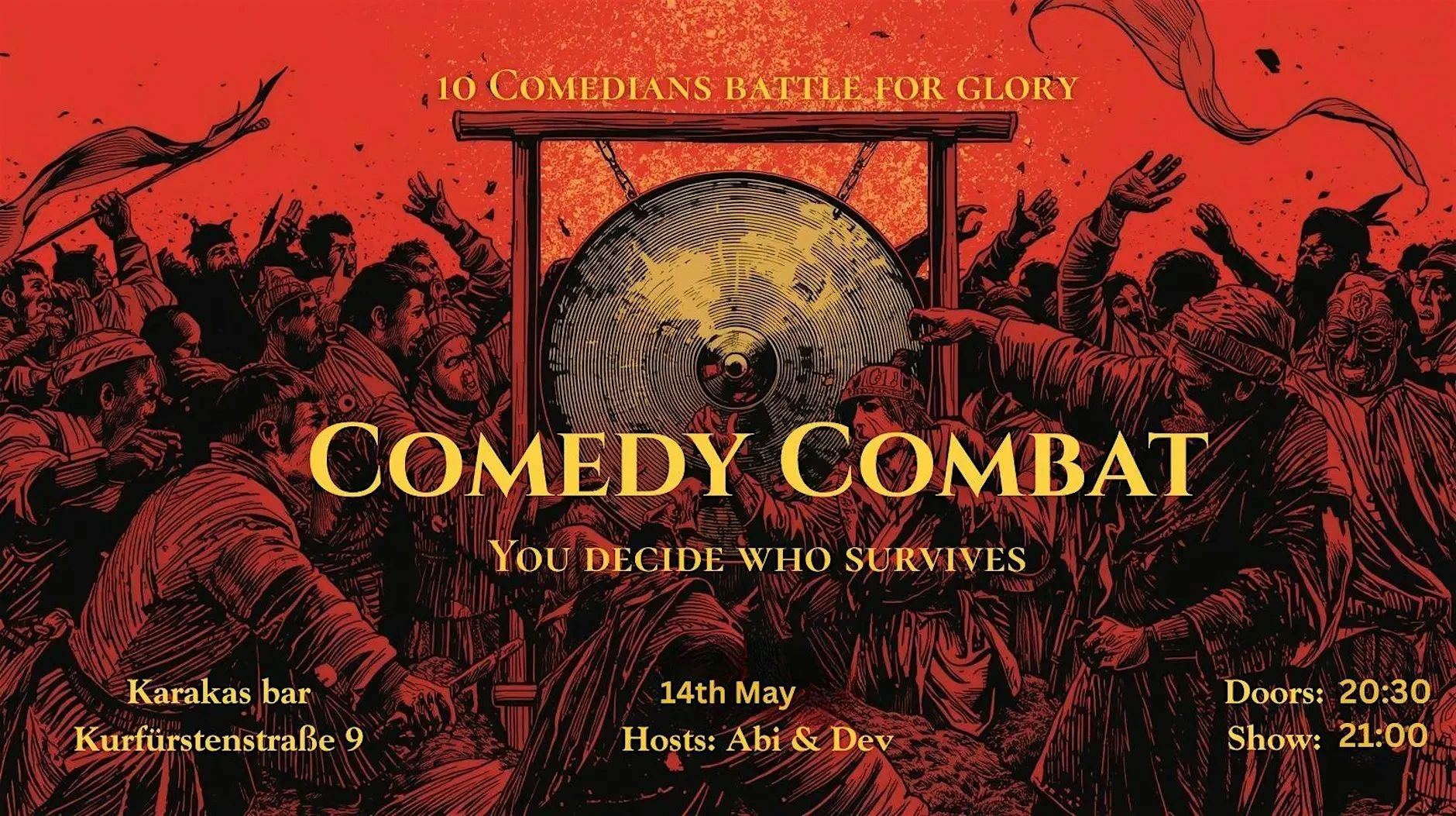 Illustrated poster for a comedy battle event with a large gong and crowd.
