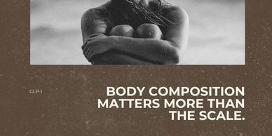 A woman hugging her knees with the text about body composition importance.