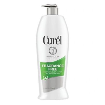 Curel fragrance-free lotion for dry, sensitive skin in a white bottle with a pump.