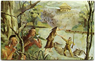 Indigenous people signaling across a river in a forest.