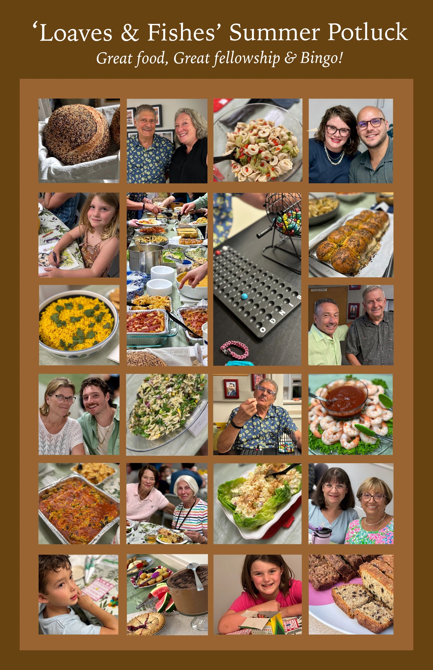 Collage of people, food, and bingo at 'Loaves &amp; Fishes' Summer Potluck event.