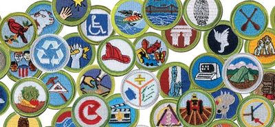 A collection of colorful Girl Scout badges representing various skills and achievements.