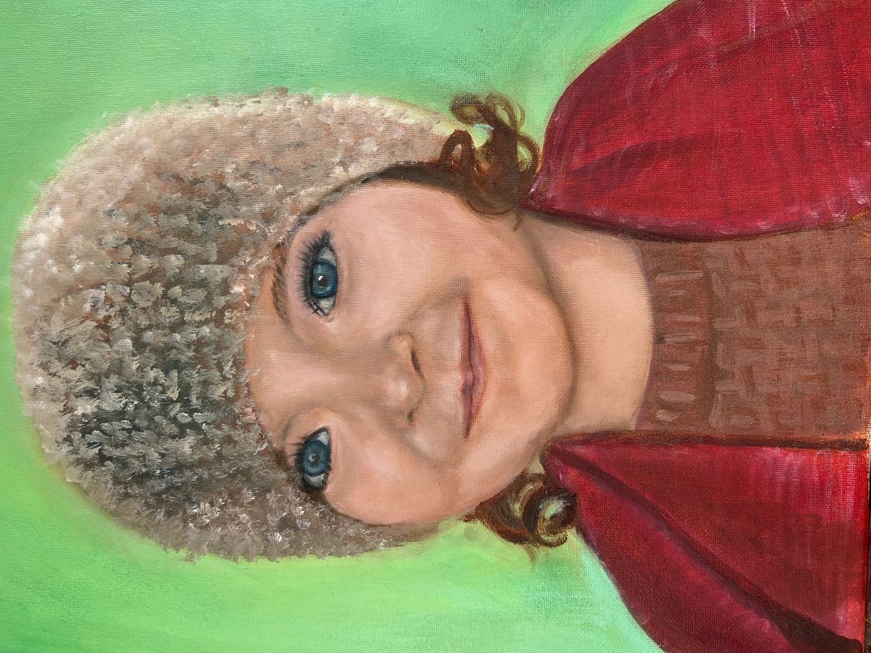 Painting of a child in winter clothing with a cozy hat.