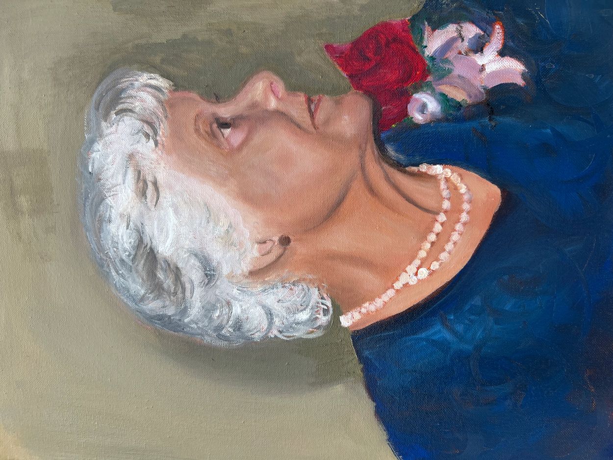 Profile painting of an elderly woman with white hair and a pearl necklace.