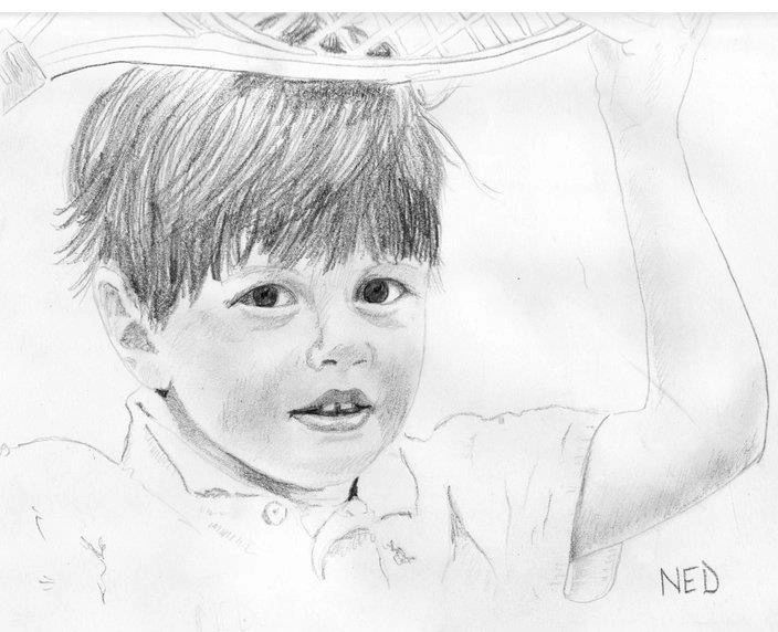 Pencil sketch of a young boy holding a tennis racket.