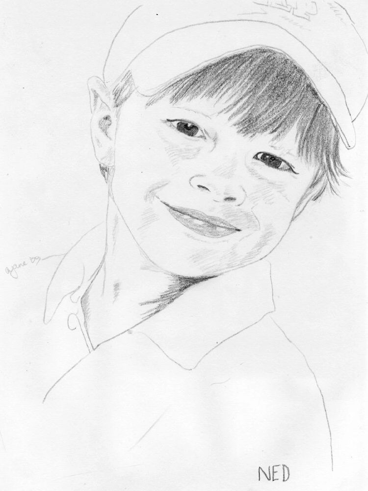Pencil sketch of a smiling young boy in a cap.