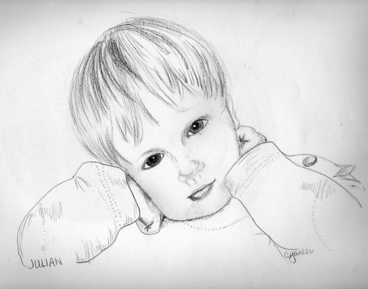 Pencil sketch of a young child resting head on hands.