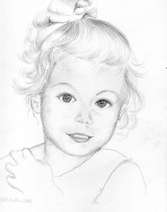 Pencil sketch of a smiling young girl with a bow in her hair.