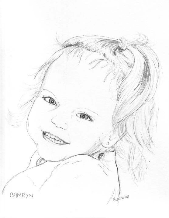 Pencil sketch of a smiling young girl with a ponytail.